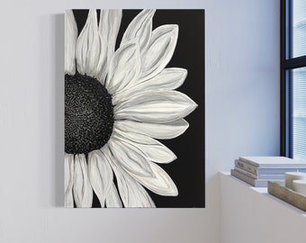 Sunflower painting, black and white sunflower, original art, canvas wall hanging