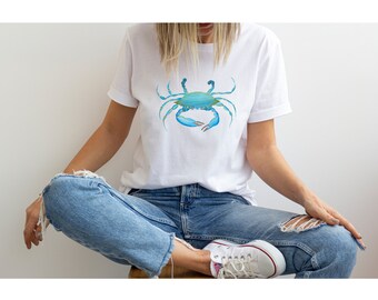 Blue Crab T-Shirt, Ocean Lover, Beach gift, Crab Painting, Fun Shirt