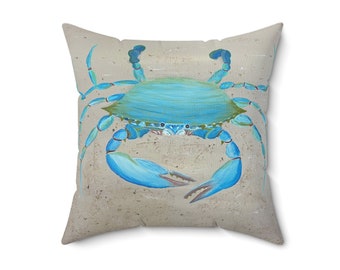 Blue Crab Square Pillow, Ocean Lover Beach House, Maryland crab painting throw pillow, decorative pillow