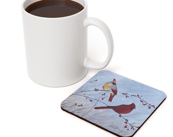 Cardinal Coaster Gift,  Pair of Cardinals Winter Red Holly Painting Cork Back Coaster, Gift for Mom or Grandma