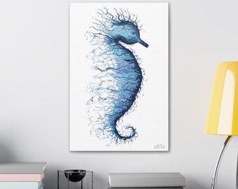 Seahorse Beautiful Blue Painting Canvas Print Gallery Wrap, Ocean Lover Home Decor