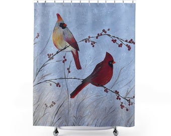 Cardinal Shower Curtain, Cardinal painting, home decor, bathroom accessories, Christmas Shower Curtain