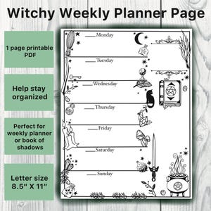 Puede incluir: Página de planificador semanal imprimible en blanco y negro con un tema de brujería. La página presenta una variedad de símbolos de brujería, incluyendo un caldero, una escoba, una luna creciente, un pentagrama y un libro de sombras. La página está diseñada para ayudar a las personas a mantenerse organizadas y al día con sus tareas diarias.