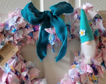 Rag Wreath Everyday Pink and White Check, Pink and White Polka Dot,  Heart Shaped Handmade Rag Wreath