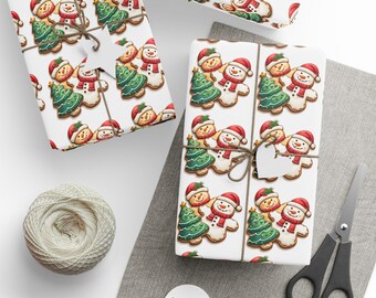 Festligt julkakpapper med pepparkakssnögubbar och julgransdesign
