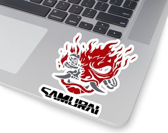 Fiery Red Samurai Oni Mask Sticker: Bold Japanese Warrior Spirit Design with Flames Kiss-Cut Stickers