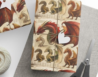 Dragons Wrapping paper - Mythical Dragon Wrapping Paper with Vintage Fantasy Artwork