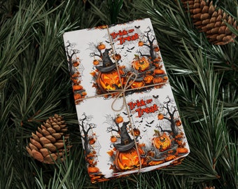 Spooky Halloween Trick or Treat Wrapping Paper with Jack-o'-Lanterns and Bats Design Wrapping Papers