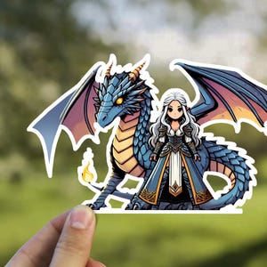 Fantasy Elf Queen Standing Beside a Majestic Dragon Kiss-Cut Stickers - Magical Fantasy Art Sticker Pack for Laptops, Journals, Water