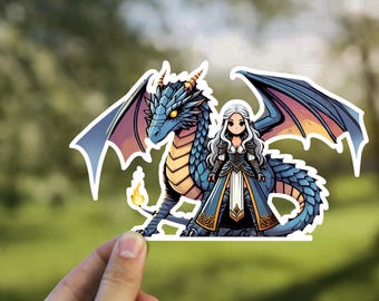 Fantasy Elf Queen and Dragon Kiss-Cut Sticker - Magical Art