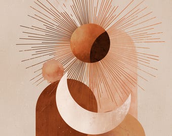 Boho Sun and Moon Abstract Wall Art Printable, Minimalist Line Art Sunburst Digital Download