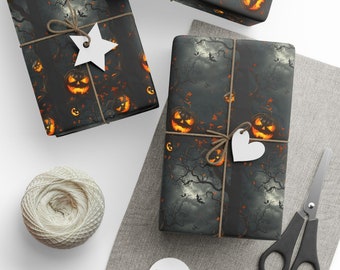 Spooky Halloween Night Wrapping Paper with Glowing Jack-o'-Lanterns and Bats - Perfect for Halloween Gifts Wrapping Papers