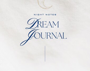 May include: A white background with a gold crescent moon with a face and the text "NIGHT NOTES DREAM JOURNAL" in blue cursive.