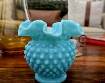 Vintage Fenton Turquoise Blue Hobnail Milk Glass Rose Bowl, Ruffle Vase