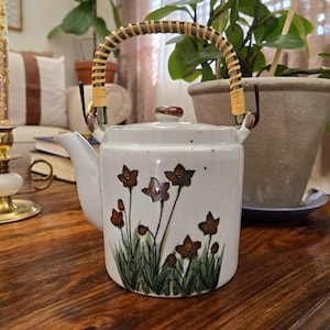 Vintage Japan Floral Teapot: Mid-Century Ceramic Teapot with Wicker Handle