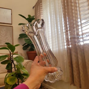 Vintage Clear Glass Swung Vase: Mid-Century Flower Pedestal Base