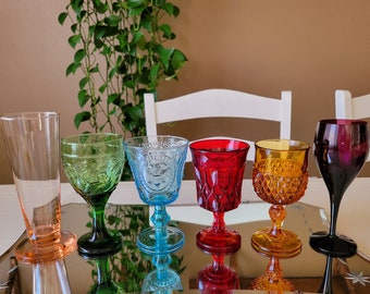 Vintage Multicolored Goblets/ Mismatch Mixed Water Goblets/ Rainbow Glasses/ Boho Wine Glasses/ Wedding Glasses/ Rainbow Glassware/Set Of 6