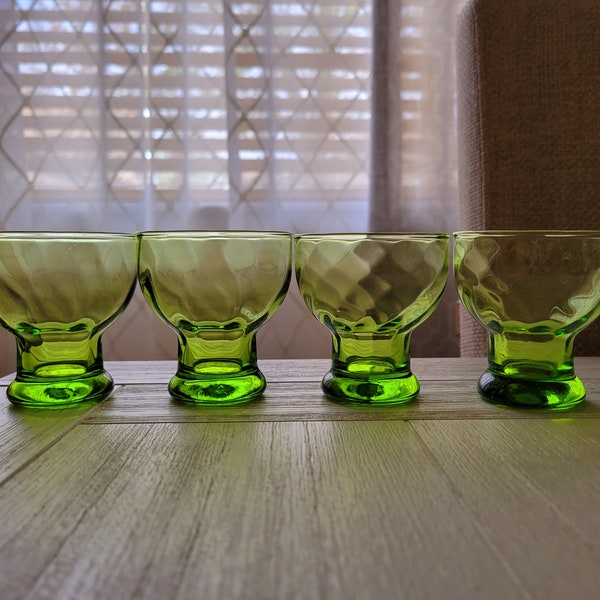 Vintage Green Glases Shot Glasses/ Mid Century Barware/ Vintage Green Swirl Glassware/ Green Lowball Glasses/ Vintage Barware/ Set Of 4