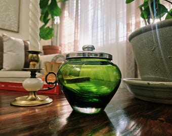 Vintage Green Glass Apothecary Jar With Chrome Lid