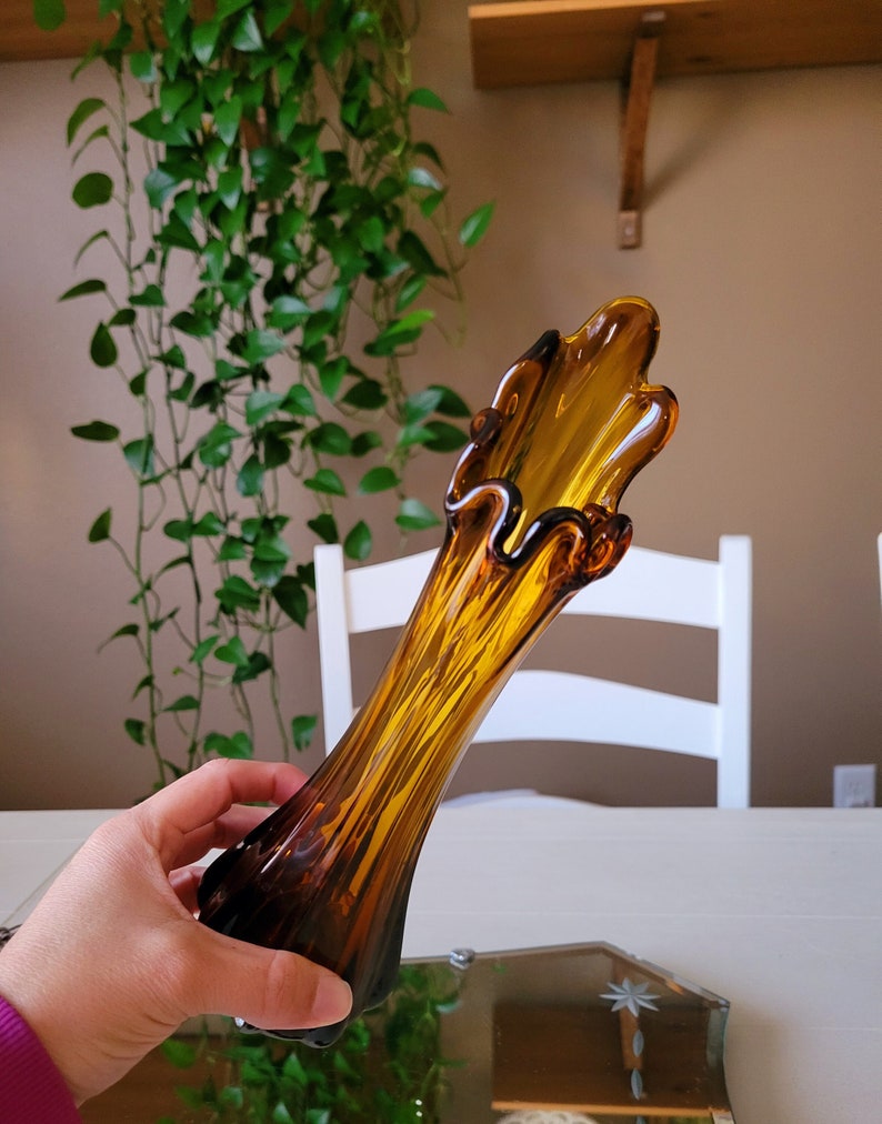Amber Swung Vase / Mid Century 5 Finger Glass Vase / Vintage Etsy