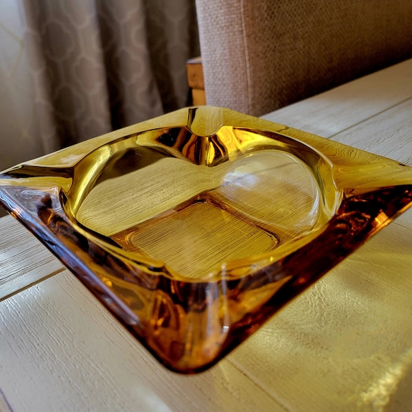 Mid century Glass Ashtray In Amber/ Vintage Glass Ashtray/ Amber Glass 4 Slot Ashtray