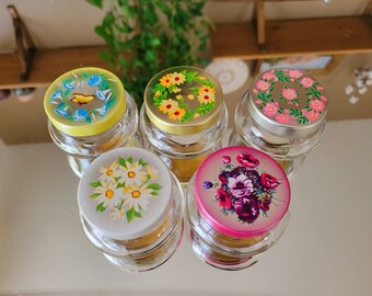 Vintage Jelly Jars/ Goodman Bros Small Containers/ Glass Floral Top Jars/ Vintage Storage Jars From The 1940s/ Glass Jelly Jars