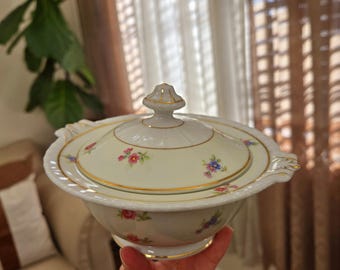 Vintage Floral Porcelain Covered Dish: Cottagecore Trinket Bowl