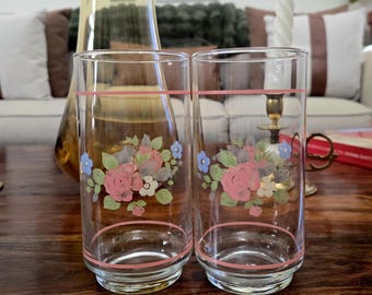 Vintage 1980s Libbey Glass Floral Tumblers, Pfaltzgraff Tea Rose Pattern Cottage Decor Glassware