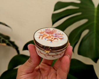 Vintage Floral Limoges Pill Box, Porcelain Ring Box