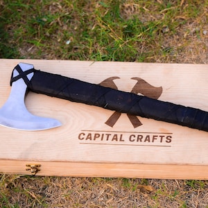 Hand Forged Viking Battle axe with Personalized Wooden Box, Carbon Steel Hatchet axe, Custom Gifts for Christmas, Birthday, Anniversary