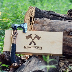 Axe with Personalized and Engraved Wooden Box, Custom Gift Handmade Viking Hatchet axe, Best Birthday, Christmas Holiday Gift for Men, Him