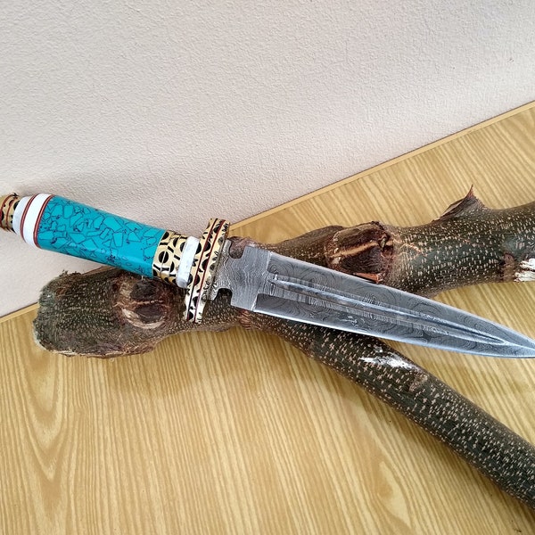 Handmade Damascus Steel DAGGER Knife with Blue Color Resin Handle, Custom Gift Hunting Knife with Leather Sheath, Best Gifts for Him