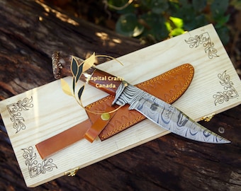 Custom Gift Handmade Hunting Knife with Personalized & Engraved Wooden Box, Best Birthday and  Anniversary Gift for Him, Husband, Boyfriend