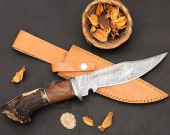 Custom Gift Handmade Damascus Steel Hunting Knife with Stag Horn Handle, Personalized Gift Birthday, Anniversary, Christmas for Him, Her
