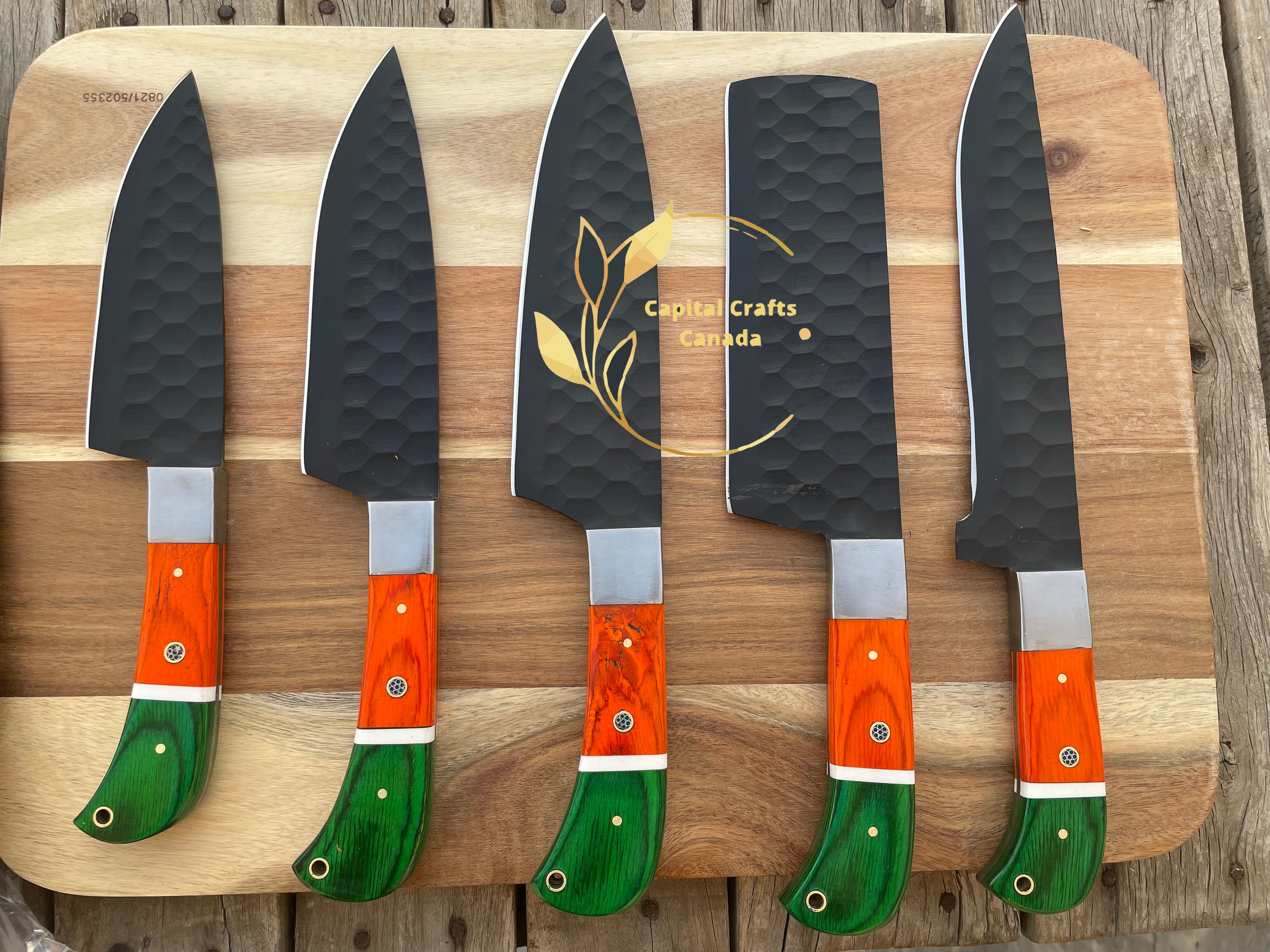 5 Pieces Damascus Steel Hammered Kitchen Knife Set, 2 Tone Black Dollar Wood Scale, 36 Inches Steel Sharp Knives, Custom Made Hand Forged Hammered