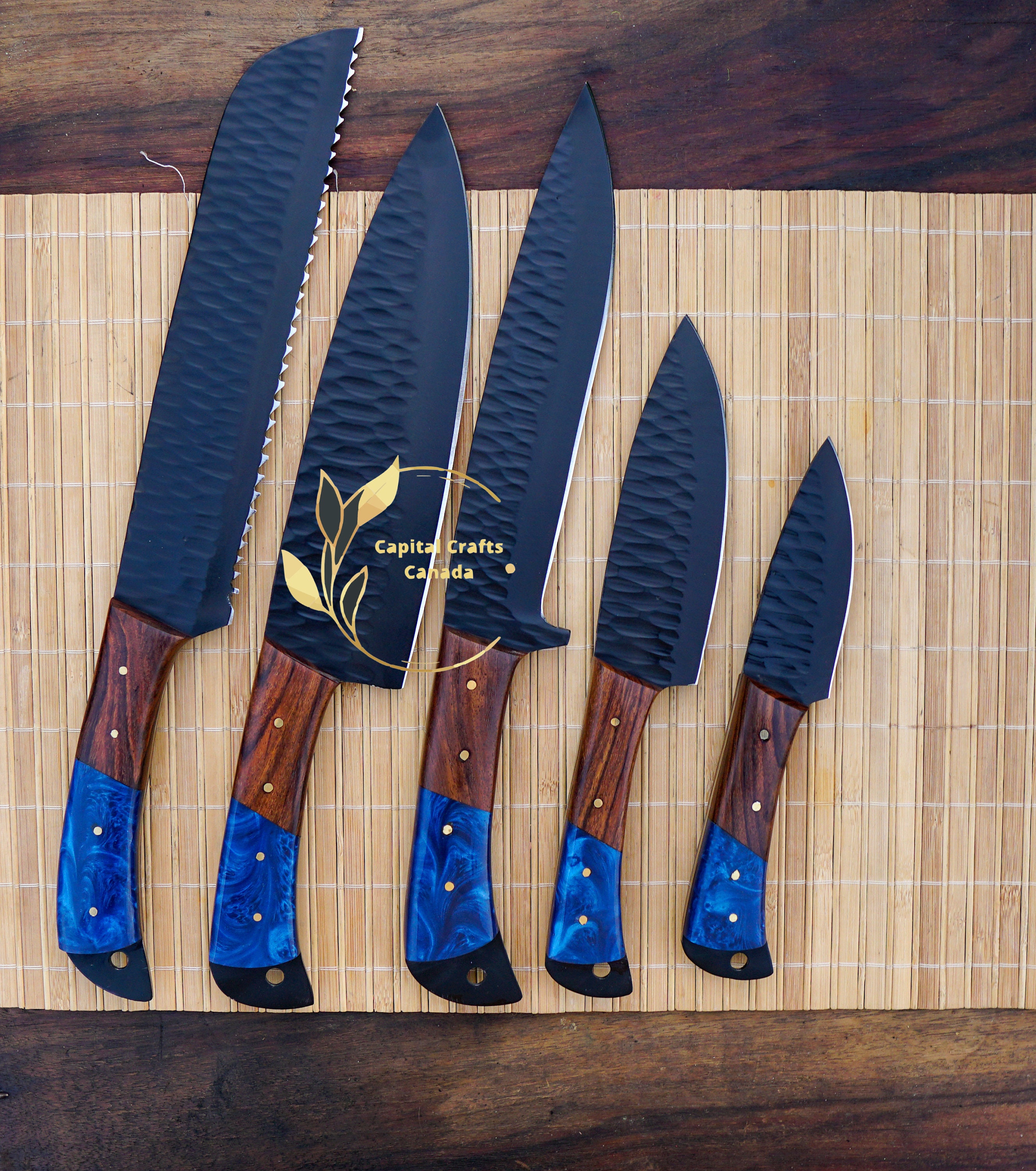5 Pieces Damascus Steel Hammered Kitchen Knife Set, 2 Tone Black Dollar Wood Scale, 36 Inches Steel Sharp Knives, Custom Made Hand Forged Hammered