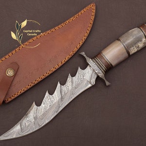 Damascus Steel Hunting Knife, Handmade Crocodile Knife with Bone Handle , Camping Outdoor Knife, Birthday, Christmas Gift for Husband, Dad