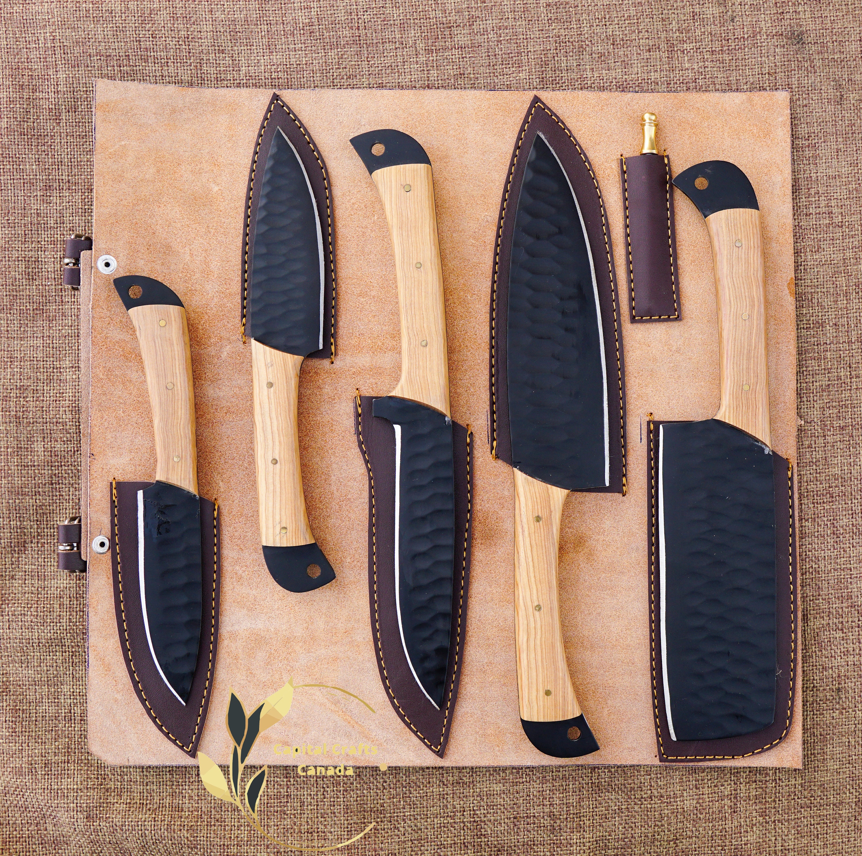 5 Pieces Damascus steel Hammered kitchen knife set, 2 tone  Yellow wood scale, 54 inches long sharp knives, Custom made hand forged  Hammered Damascus steel blade, Goat suede Roll Leather sheath