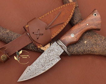 Custom Gift Handmade Damascus Steel BOB CAT Hunting KNIFE with Rosewood Handle & Leather Sheath, Camping Knife Gift for Him, Husband, Dad