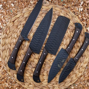 Handmade Stainless Steel Black Powder Coated Kitchen Knives Set: Wenge Wood Handles & Leather Sheath