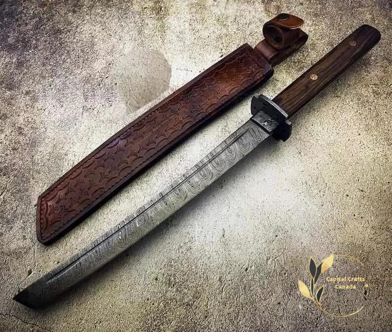 Custom Gift Handmade Damascus Steel Katana Style Machete Hunting Knife with Leather Sheath, Best Camping Knife, Unique Gift for Hunters, Dad