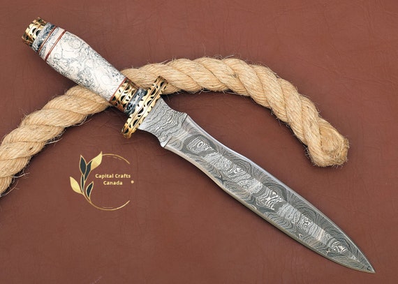 Handmade Damascus Steel DAGGER Knife with Dual Color RESIN Handle, Custom Gift Hunting Knife with Leather Sheath, Best Gifts for Him