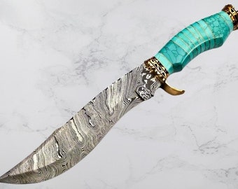 Handmade Forged Damascus Steel Fixed Blade Hunting Knife with RESIN Handle, Turquoise Knife, Gift for Him, Birthday, Best Gifts for Dad
