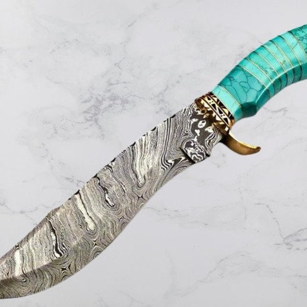 Couteau de chasse à lame fixe en acier damas forgé fait main avec manche en résine, couteau turquoise, cadeau pour lui, anniversaire, meilleurs cadeaux pour papa