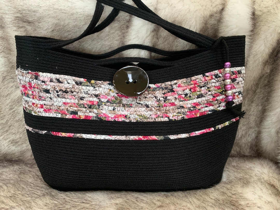 Beautiful Tote, Black With Ruby Tones and a Huge Black Button. 16x11x4 ...