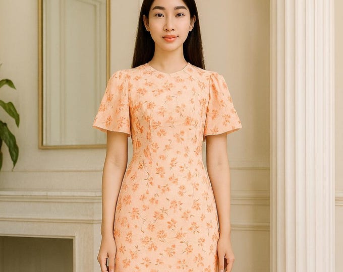 Peach Floral Vietnamese Áo Dài | Double Layer Premium Fabric | Traditional Dress with Bright Orange Pants