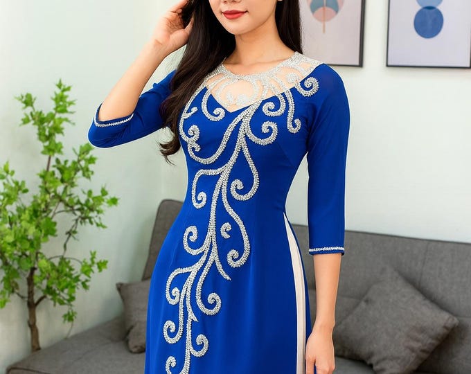 Luxurious Designed Traditional Ao Dai for women, Blue ao dai for mother of Bride/groom , Ao dai truyen thong cho me co dau