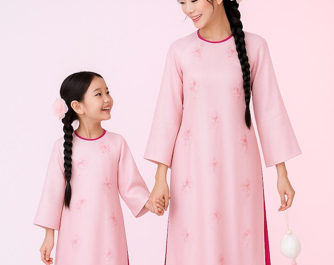 Pink Mother Daughter Matching Ao Dai, Ao Dai Me va Be Mau Hong