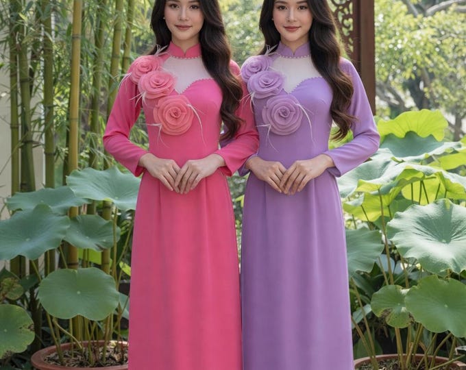 Handmade Silk Ao Dai Dress, Elegant Floral Design