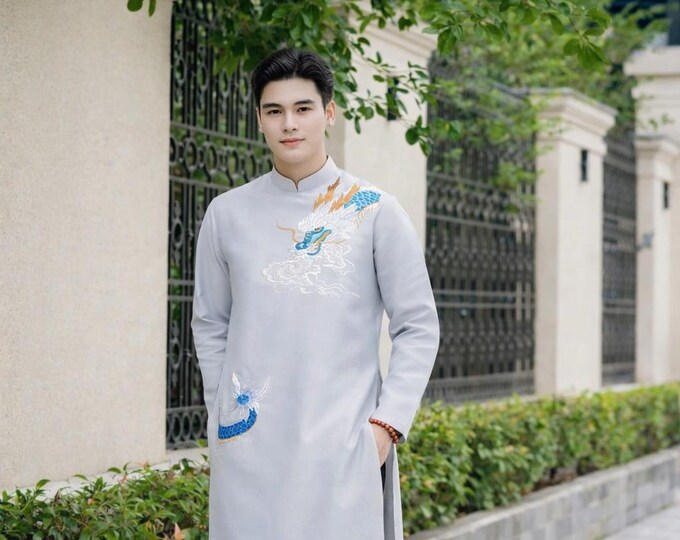 Designed Vietnamese Traditional Long Dress for Man, Men's ao dai, Ao dai for men, Ao Dai Nam,Ao Dai Chu Re, Ao Dai Nam. No pants